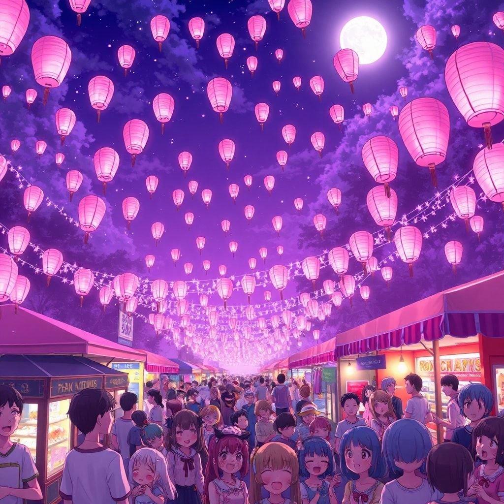 Entre em um mundo de maravilhas e magia com este papel de parede em estilo anime, onde um vibrante festival de rua ganha vida sob um caleidoscópio de luzes rosa e roxas.