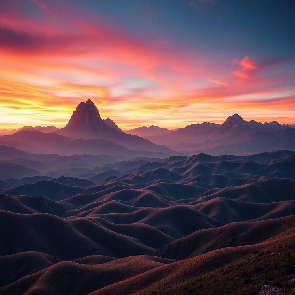 Imprégnez-vous de la beauté sereine de ce paysage fantastique, où des collines ondulées rencontrent un horizon infini. Les couleurs vives du ciel projettent une lueur magique sur la terre en dessous, créant une scène tout droit sortie d'un rêve.