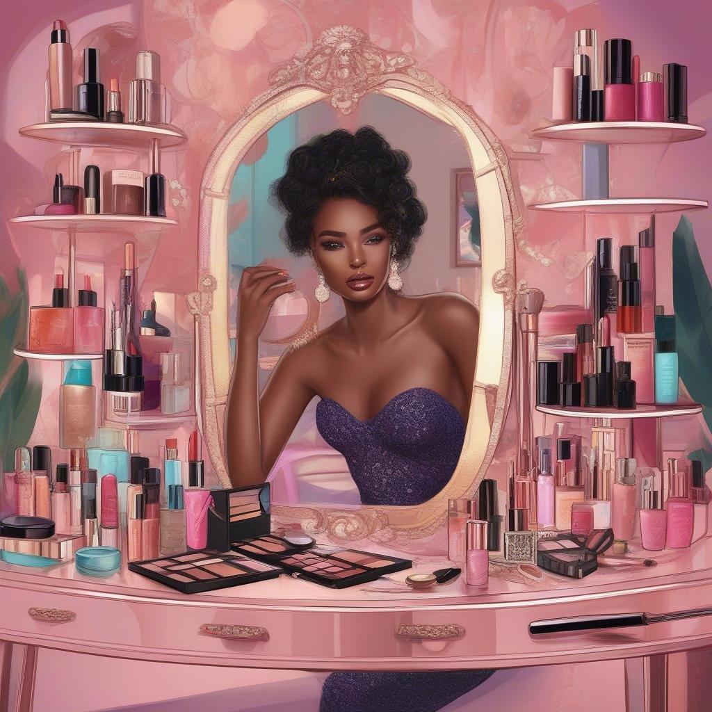 Beautiful woman with curly black hair and a purple dress getting ready in front of a vanity with makeup and beauty products.