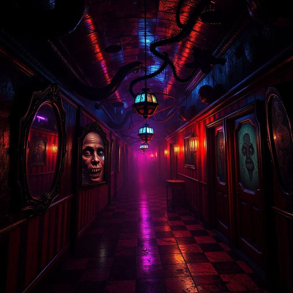 A spooky corridor adorned with red lights, skulls, and ghostly figures. This eerie scene is perfect for a Halloween celebration.