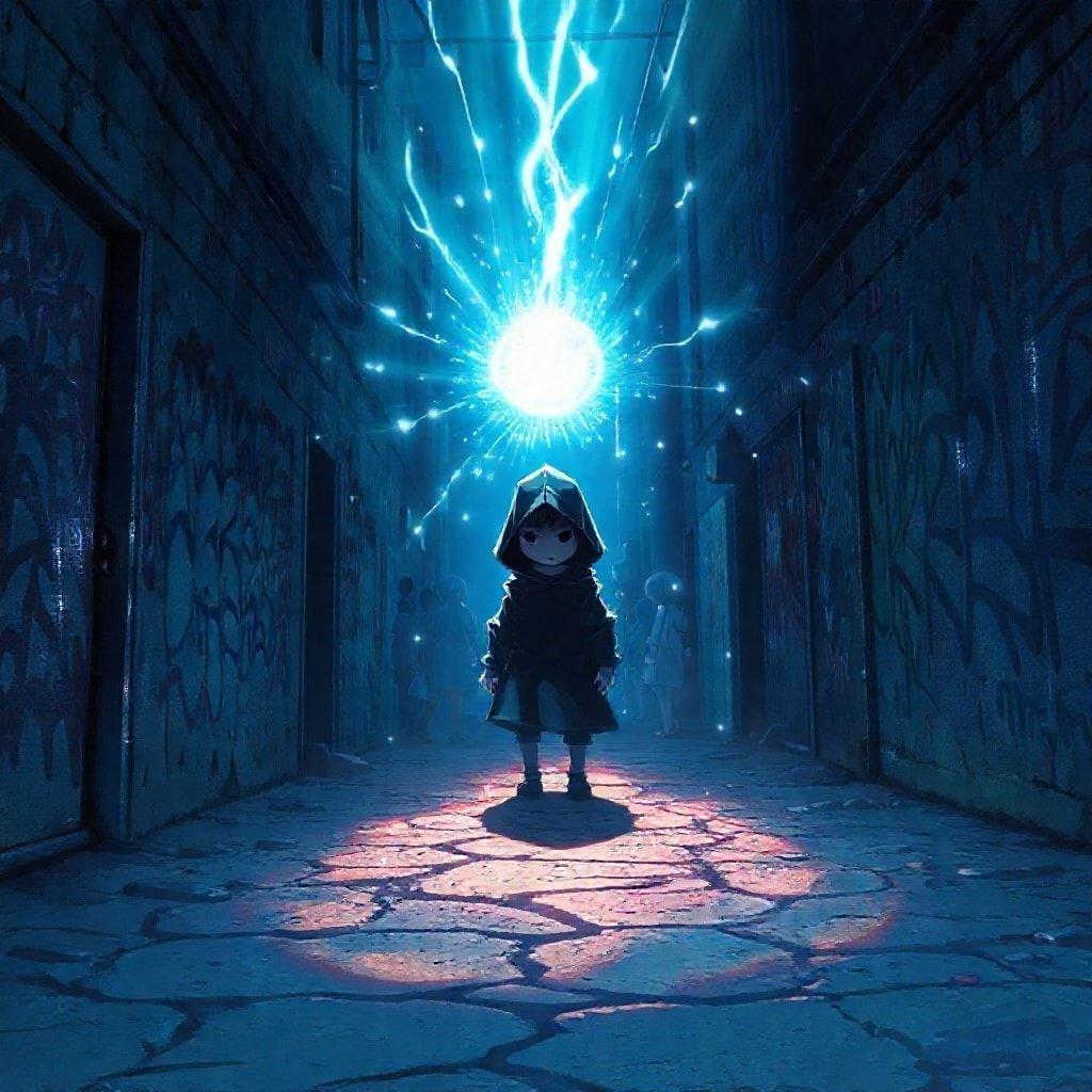 Dyk ned i den fængslende verden af anime med dette baggrundsbillede, der viser en lille figur med hætte omgivet af en mystisk portal.