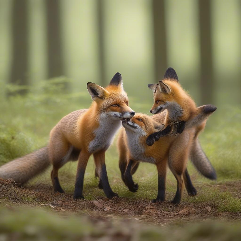 Denna bild fångar ett ömt ögonblick mellan två vuxna röda rävar och deras unga valp. De går genom en skogsglänta, kanske på jakt efter mat eller utforskar sitt territorium.