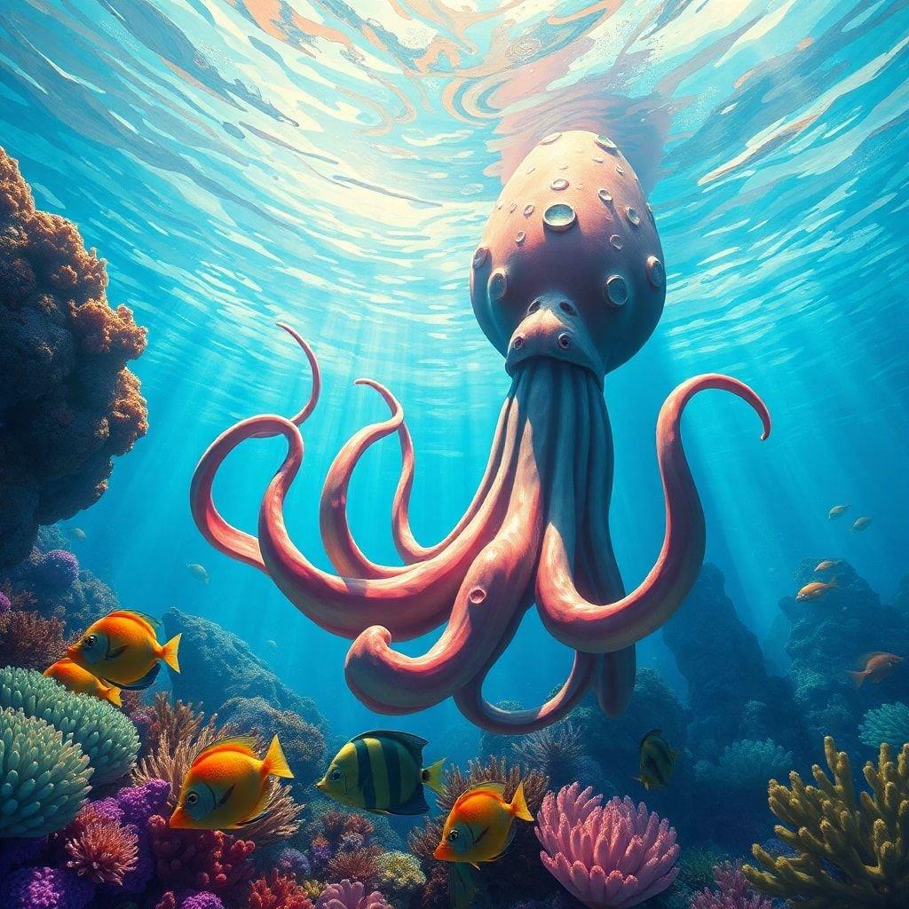 Sumérgete en un mundo de maravillas con esta vibrante escena submarina, que presenta un majestuoso pulpo y un caleidoscopio de peces coloridos. Perfecto para uso en escritorio y móvil, este fondo de pantalla seguramente te transportará a un paraíso oceánico.