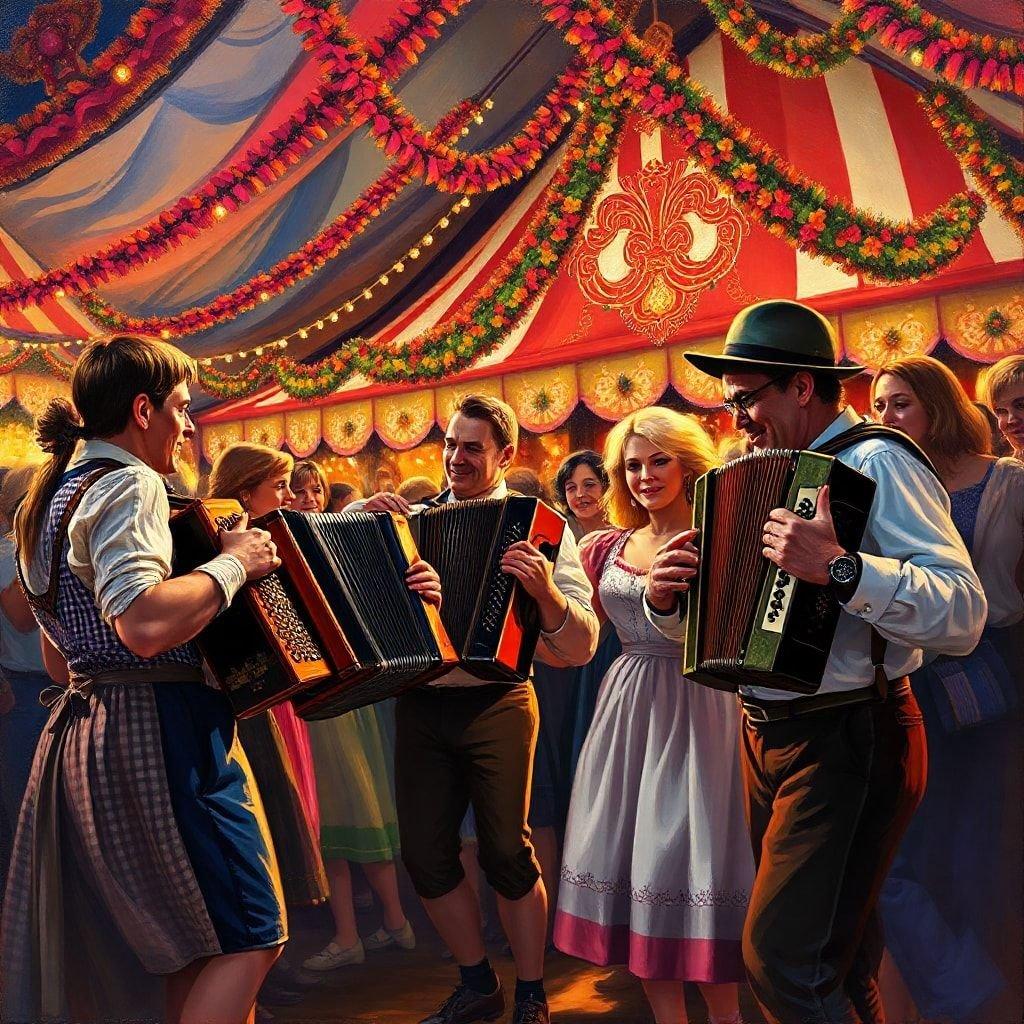 A lively scene at the Oktoberfest, with friends playing alpine folk music under a tent decorated for the occasion.