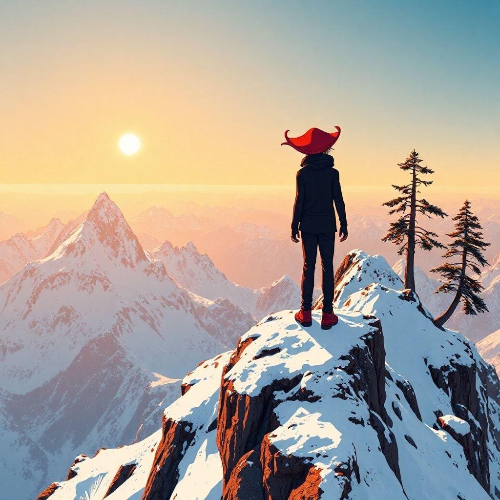 A lone figure stands atop a snow-covered peak, gazing into the glowing dawn. The person is clad in a black outfit and a distinctive red hat, adding a pop of color against the serene winter landscape.