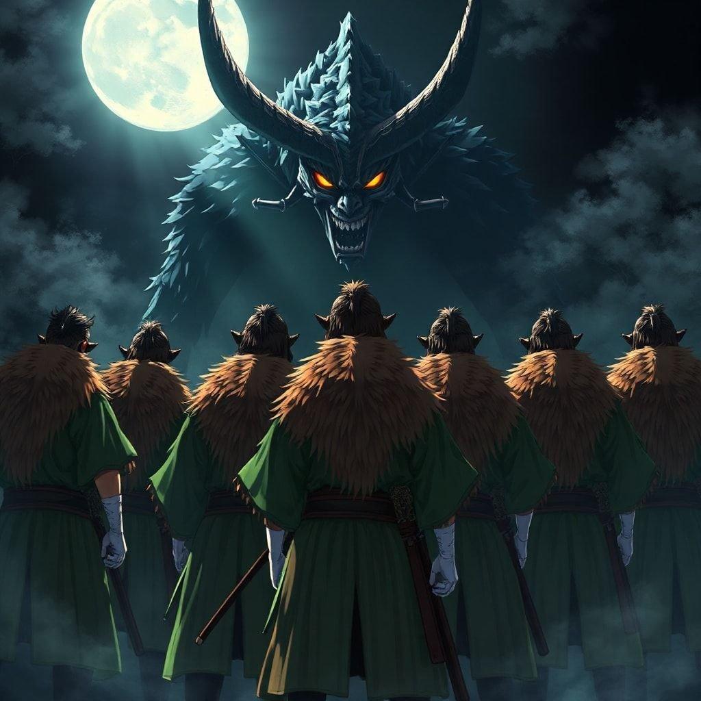 A team of brave samurai face off against a powerful demon in this epic anime illustration. The samurai's vibrant green and brown fur stands out against the dark background, highlighting the demon's imposing presence.