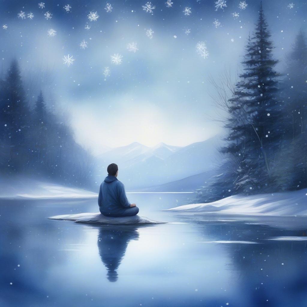 This tranquil scene captures the essence of winter solitude. The calm lake mirrors the starlit sky, while a solitary figure finds peace on its frozen surface, embodying the spirit of reflection and renewal.