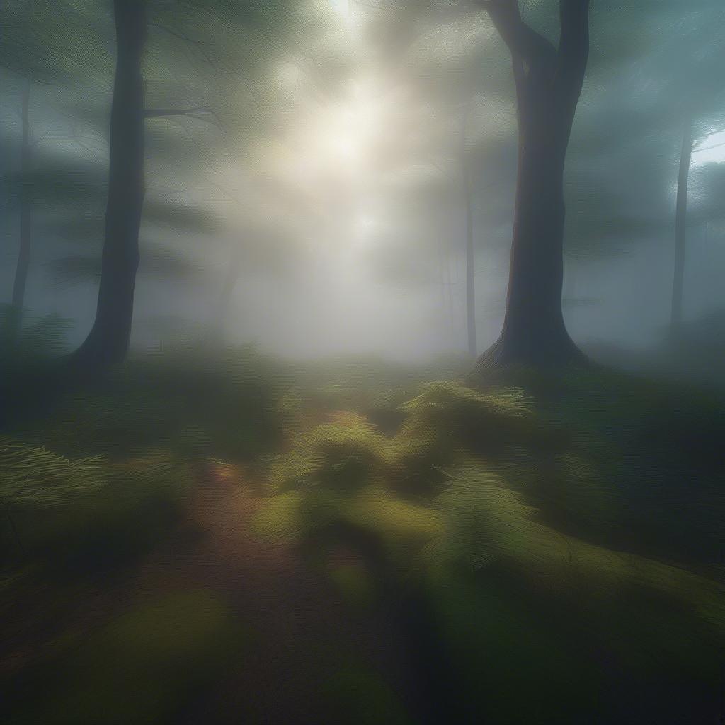 Un matin serein au milieu d'une forêt brumeuse éthérée, où la nature et la lumière se combinent pour créer un sanctuaire paisible.