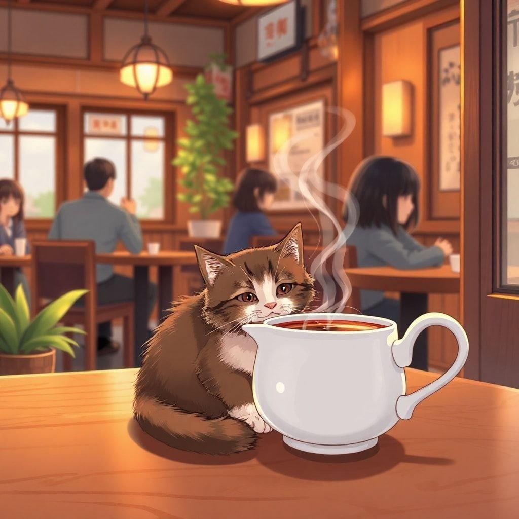 Immerse yourself in the serene ambiance of this anime-style cafe, where a cat and steaming coffee cup in a white pot create a warm and inviting atmosphere.