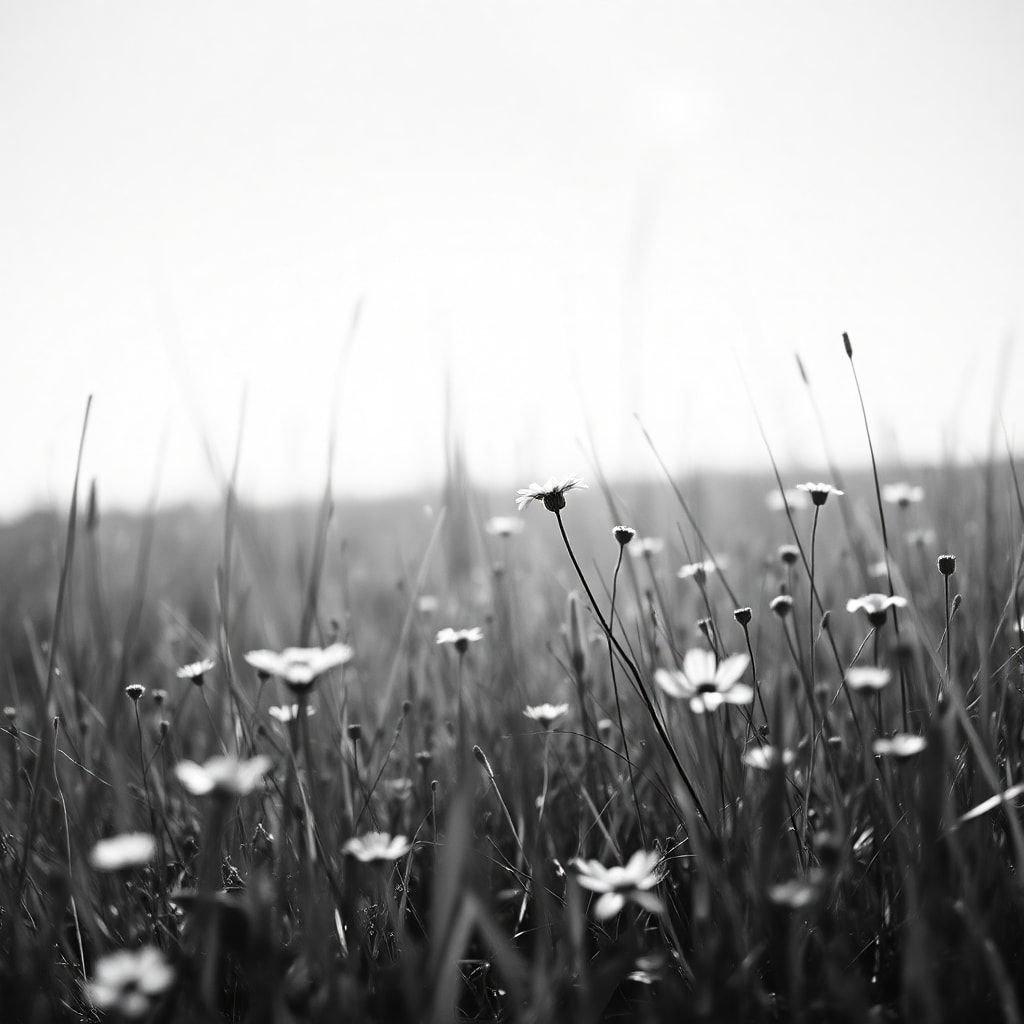 A serene black &#38; white field, filled with the delicate touches of nature as dandelion seed heads gently sway in a soft breeze.