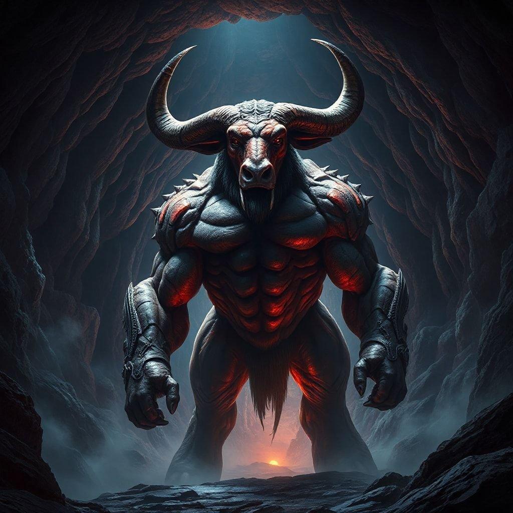 A powerful fantasy creature stands in the entrance to an ancient temple, exuding strength and menace. The image is rich with detail, highlighting the monstrous nature of this mythical figure.