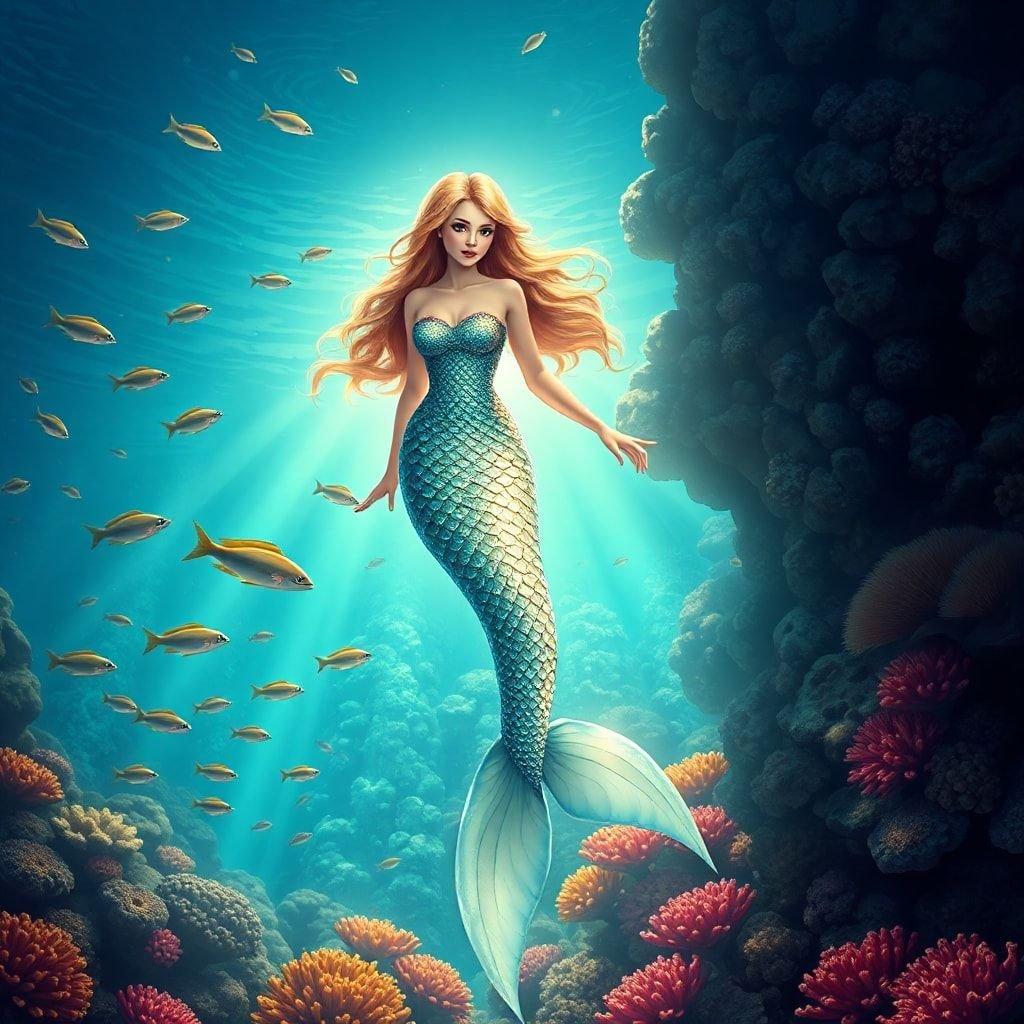 In the depths of this magical underwater kingdom, Disney's beloved mermaid princess Ariel finds joy and adventure. Adorned with her signature tail and crown, she swims among an array of tropical fish, exploring the wonders of the deep sea.