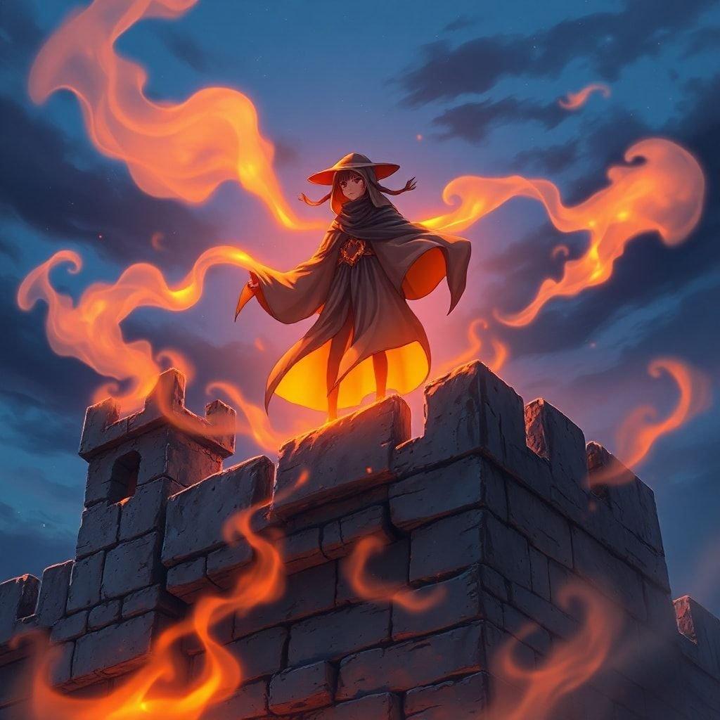 Immerse yourself in the enchanting world of anime with this captivating wallpaper featuring a mysterious tsukumogami spirit standing atop an ancient castle wall, surrounded by smoke and a radiant orange glow.