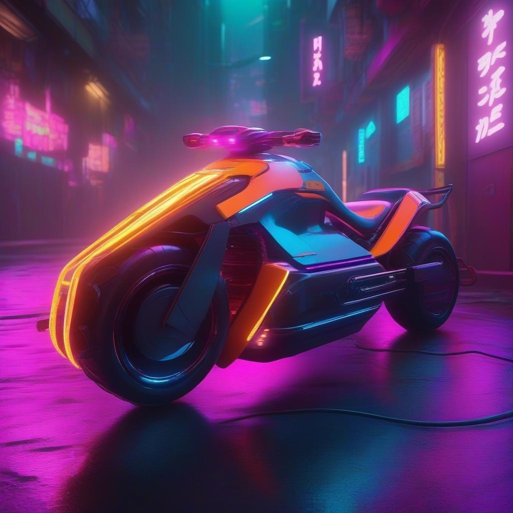 A sleek, neon-lit motorcycle sits parked on a wet city street at night. The cyberpunk design and the vibrant colors create an atmosphere of advanced technology and urban excitement.