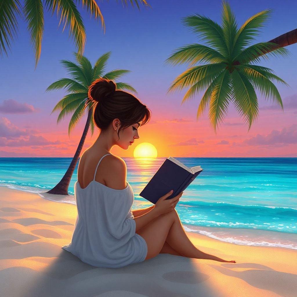 A woman reading a book on the beach as the sun sets, creating a peaceful atmosphere.