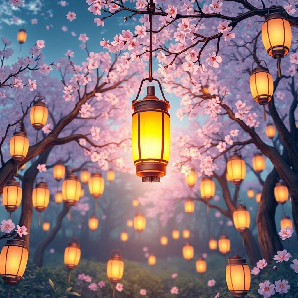 Step into a serene anime-style garden where floating lanterns and blooming sakura trees create a breathtakingly beautiful scene.