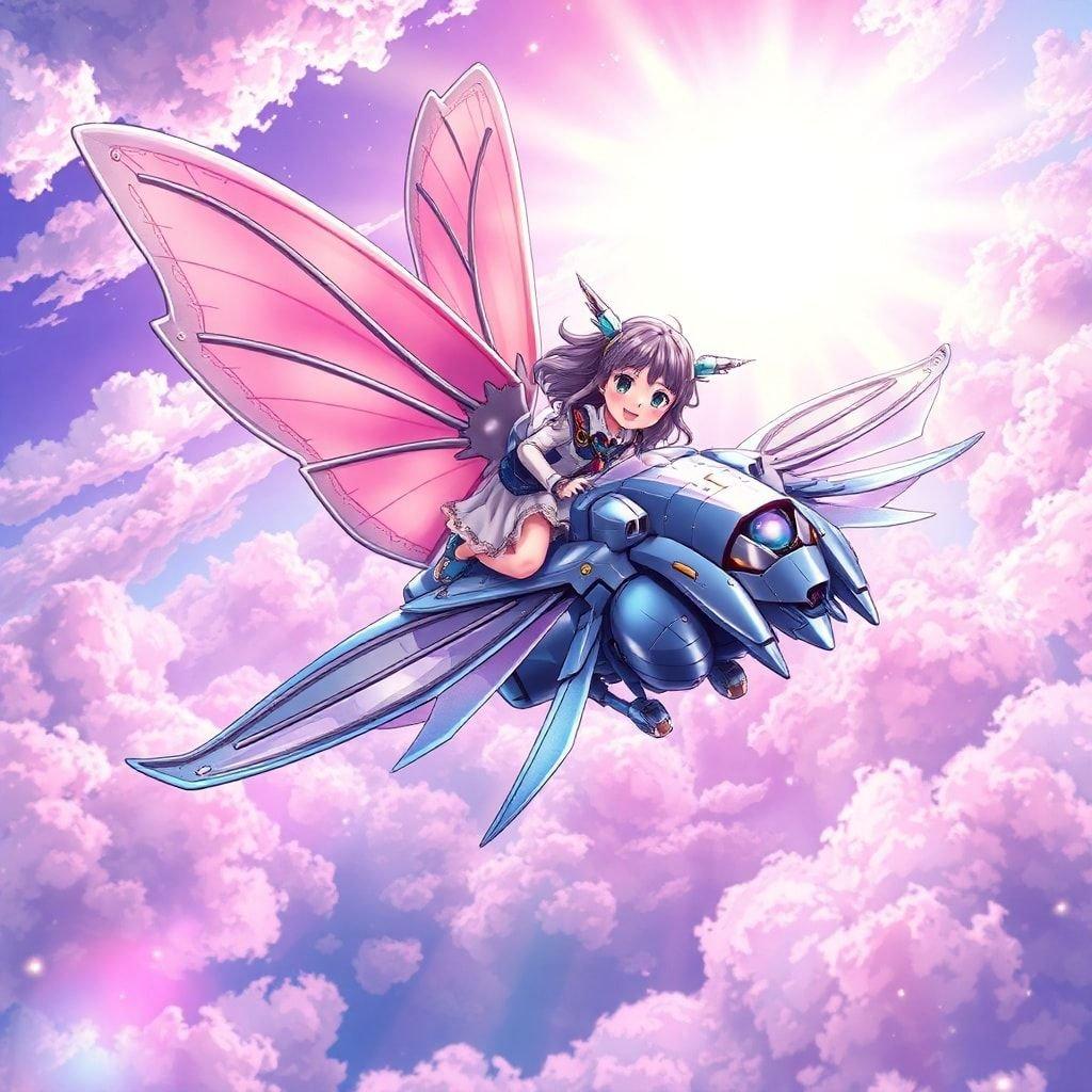 This enchanting wallpaper features a young girl riding a dragonfly-shaped mecha in a rainbow-colored sky, creating a captivating and imaginative scene.