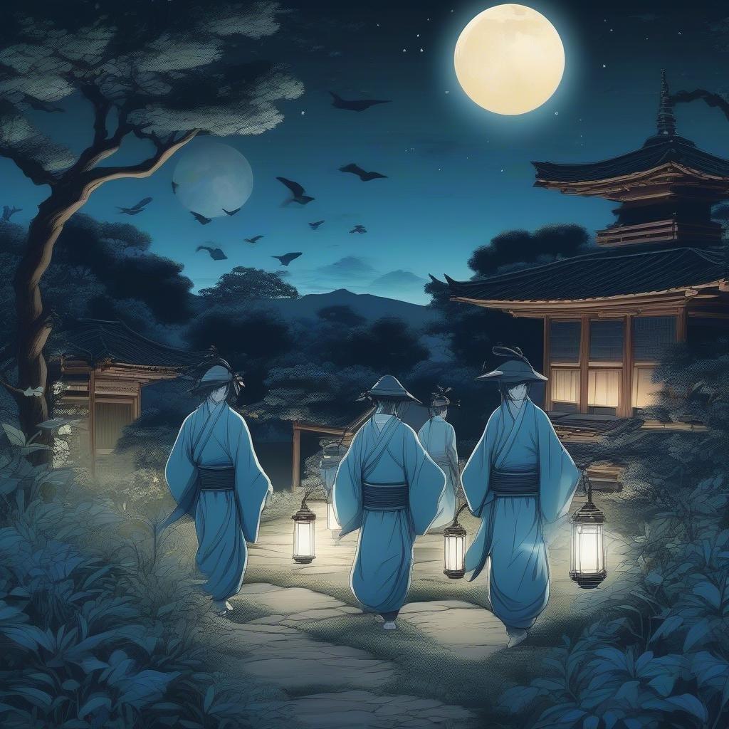 Step into the world of stealth and mystery with this captivating anime illustration. A group of ninjas, shrouded in shadows, sneak through a moonlit garden, their movements illuminated by the soft blue glow of lanterns. The dark sky and bright moon create a sense of depth, drawing you into the scene. This wallpaper is perfect for fans of anime and those who appreciate the beauty of a well-crafted illustration.