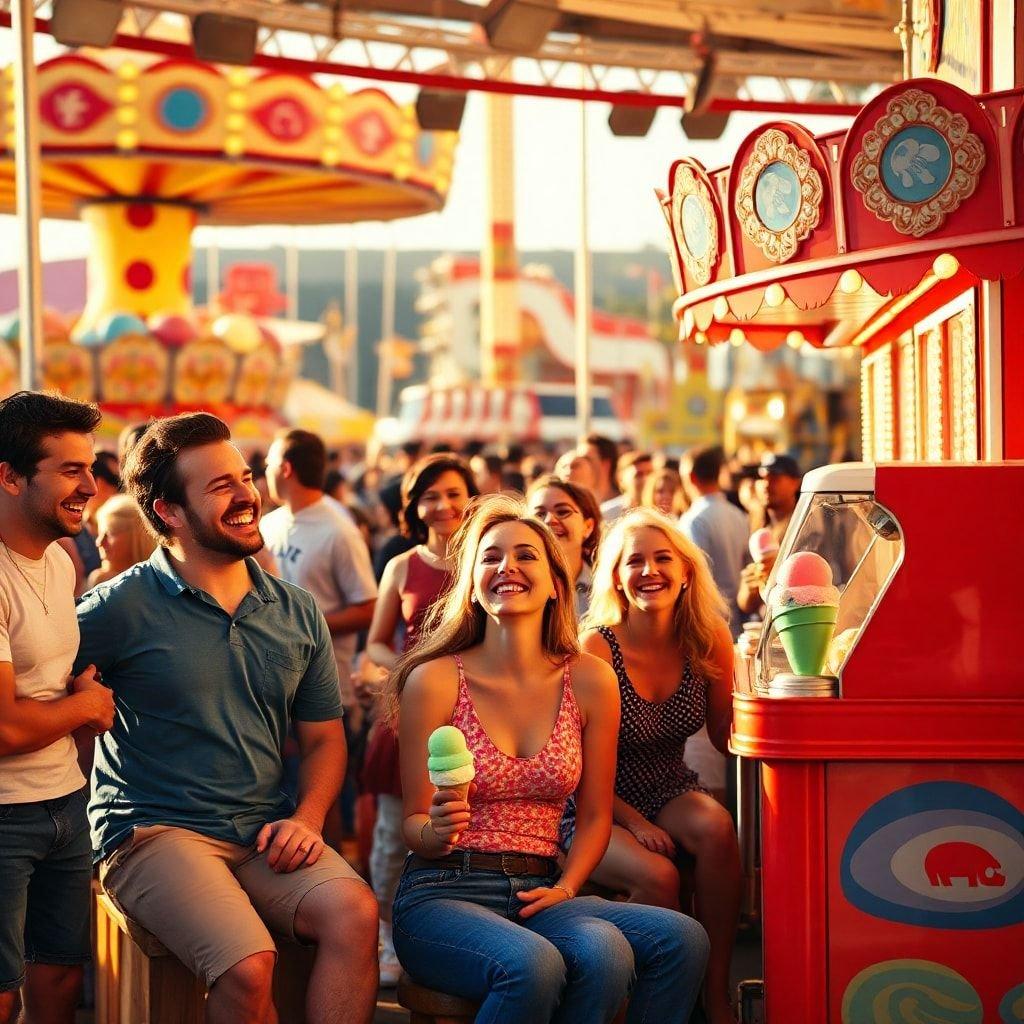 A lively scene at the fair with friends enjoying their day, possibly trying some delicious carnival treats.