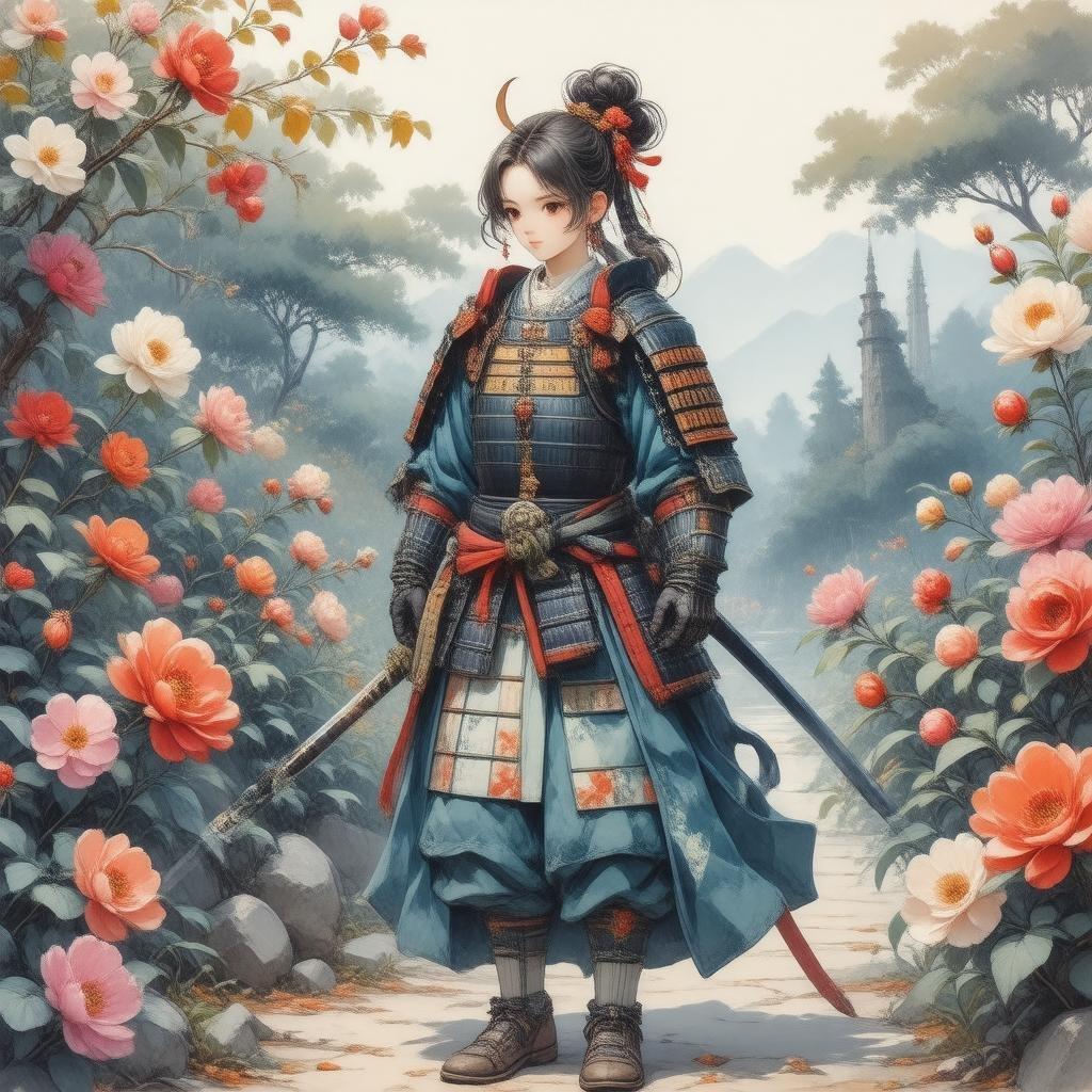 A serene anime illustration of a samurai warrior standing in a tranquil garden, surrounded by vibrant flowers and leaves.