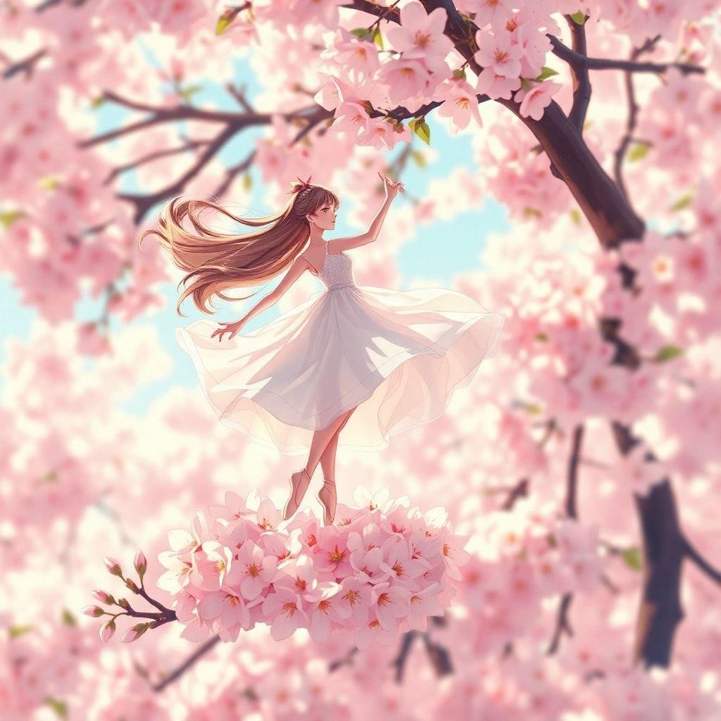 Denna fängslande anime-illustration visar en charmig ballerina som dansar graciöst på de ömtåliga kronbladen av ett blommande körsbärsträd, vilket skapar en lugn och förtrollande scen.