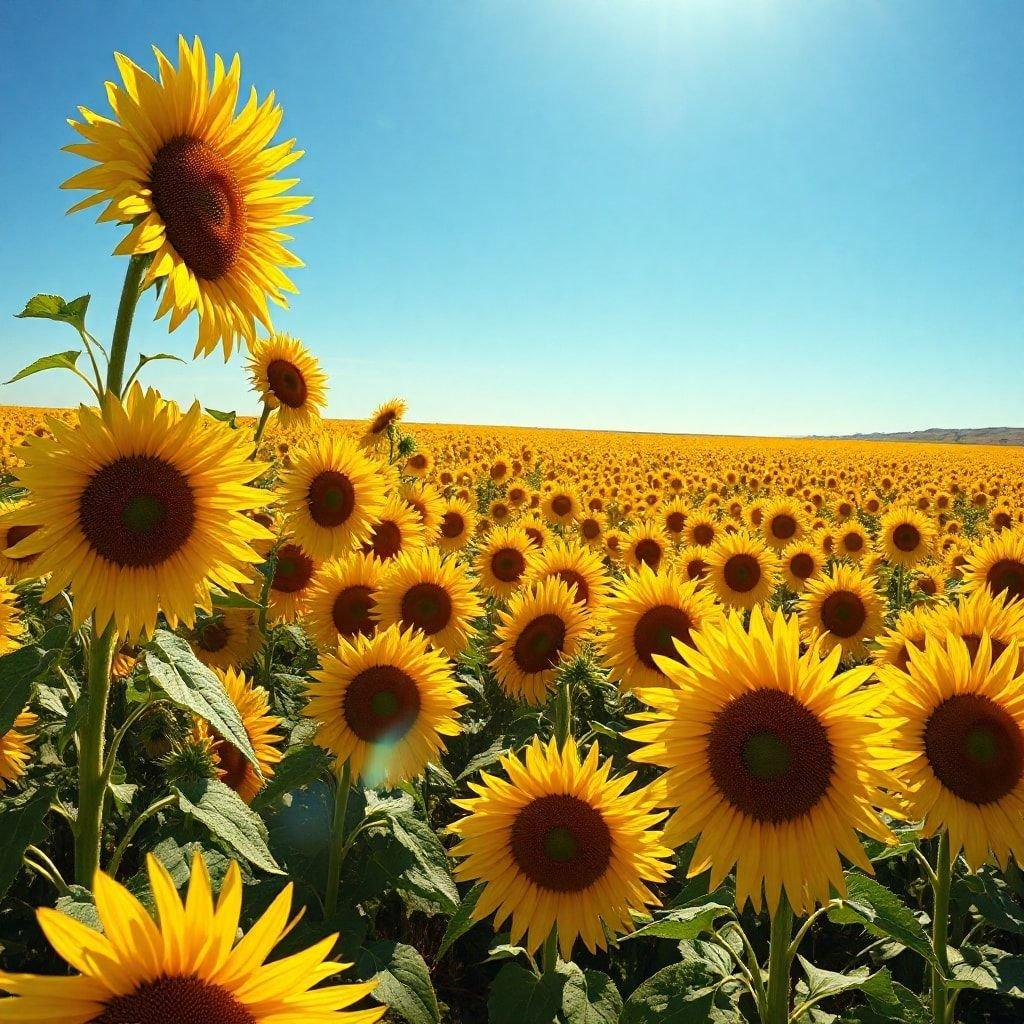 This stunning wallpaper features a vast field of sunflowers swaying gently in the breeze, their bright yellow petals and dark centers creating a breathtaking display of natural beauty. The image is perfect for anyone who loves flowers and wants to add a touch of warmth and happiness to their desktop or mobile device.