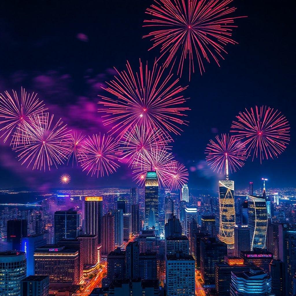 Elevated night view of city skyline illuminated by fireworks celebration on Independence Day.