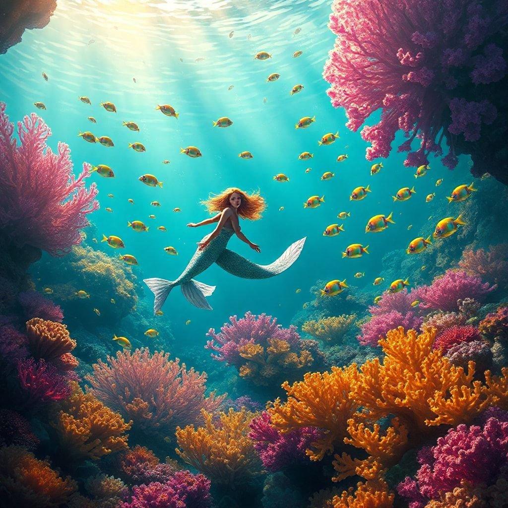 A mermaid gracefully swims amidst vibrant coral reefs, surrounded by a school of fish, in this fantastical underwater scene.