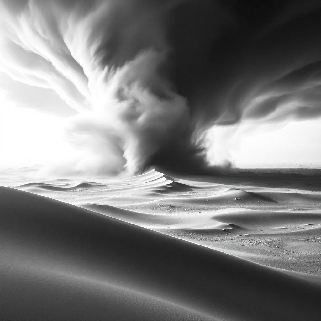 A breathtaking scene of a sandstorm in the desert, with the sun shining brightly in the background.