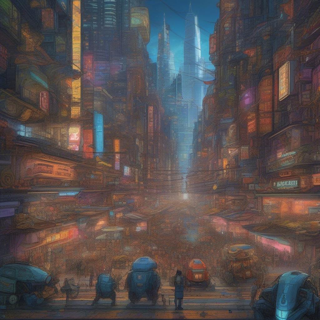 Step into the future with this stunning cyberpunk cityscape wallpaper, featuring futuristic robots and AI characters amidst a backdrop of towering skyscrapers and neon-lit streets.