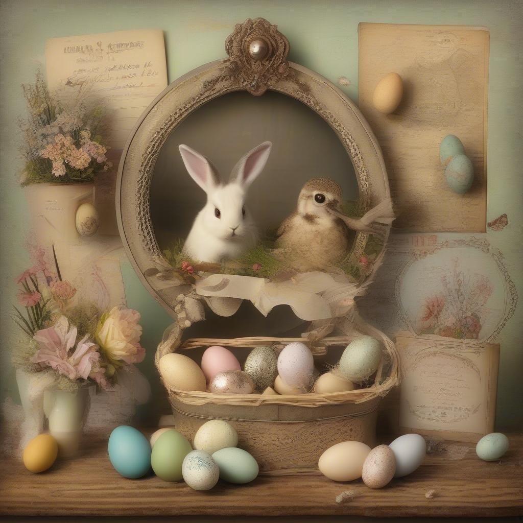 A whimsical Easter tableau featuring a charming bunny with a single egg in a basket, surrounded by festive Easter decorations. Perfect for desktop and mobile wallpapers.