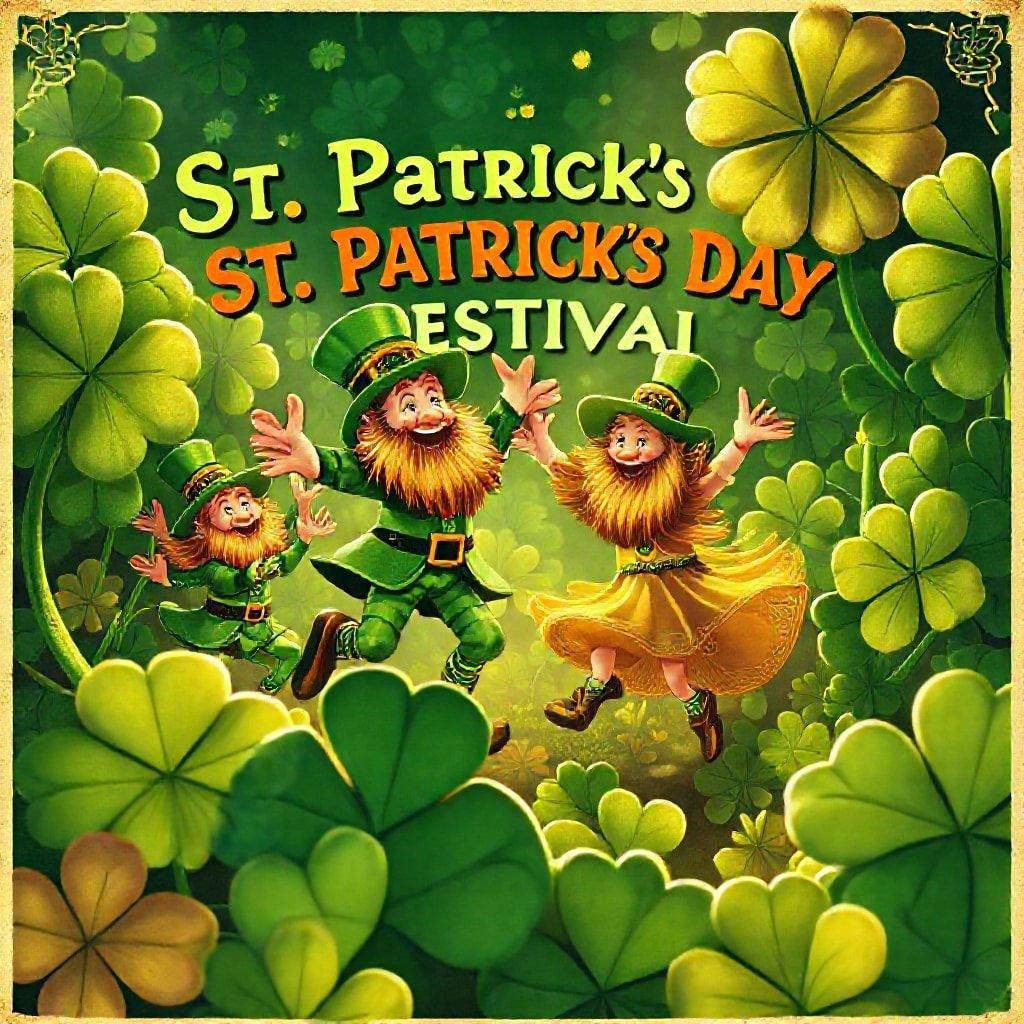 A lively St. Patrick's Day scene with leprechauns dancing in a field of clovers.