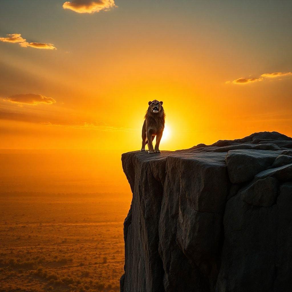 Questa immagine presenta un maestoso leone in piedi su una scogliera che guarda un tramonto mozzafiato. Il pelo dorato del leone brilla nella luce che svanisce, mentre il cielo è dipinto con tonalità di arancione e rosa. L'immagine cattura la bellezza e la potenza della natura, rendendola un'aggiunta straordinaria a qualsiasi desktop o dispositivo mobile.