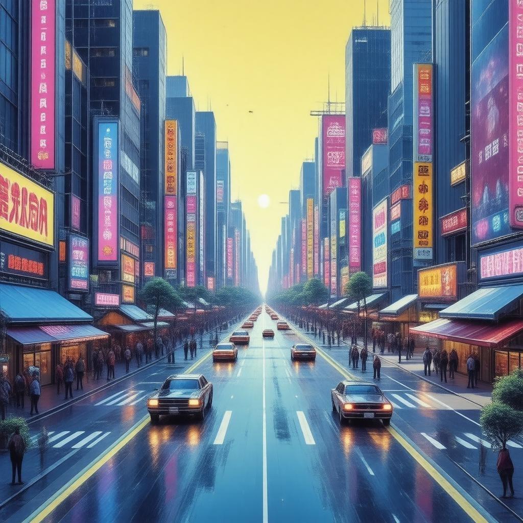 Experience the vibrant, futuristic life of Tokyo's bustling streets in this detailed digital illustration. The city is awash with holographic advertisements and flying cars, creating an anime-like atmosphere under a large yellow sky. This image captures the essence of a busy urban setting where technology and tradition blend seamlessly.