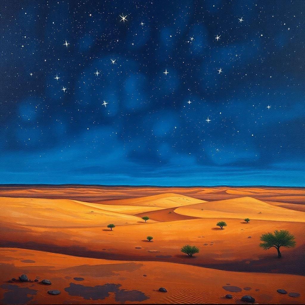 This stunning desert landscape wallpaper is perfect for anyone who loves the beauty of nature. The image features a vast expanse of sand dunes under a starry night sky, creating a sense of tranquility and wonder.