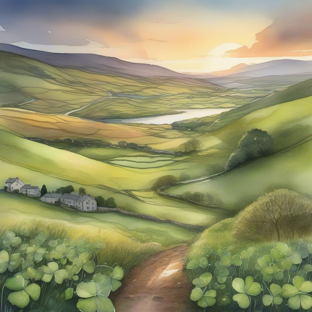 A serene countryside scene with a trail leading to a village, set against the backdrop of a sunset.