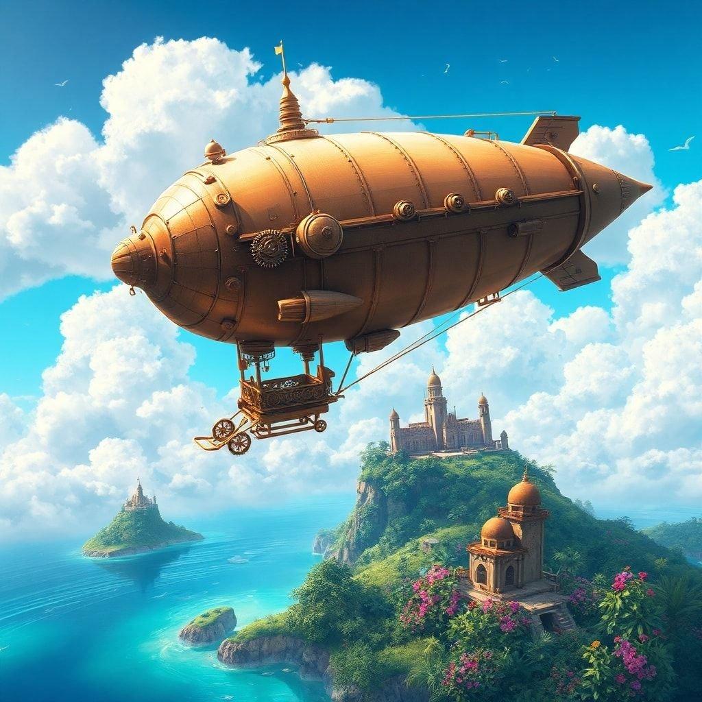 Embark on a thrilling journey with this steampunk-inspired airship wallpaper, featuring a majestic vessel soaring above a lush tropical island. The intricate details and enigmatic atmosphere evoke a sense of adventure and mystery, perfect for anime fans.