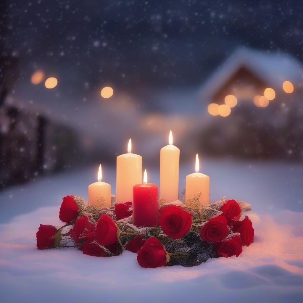 Une scène romantique se déroulant pendant la saison hivernale, avec un sol couvert de neige illuminé par la lumière des bougies d'un bouquet de roses.