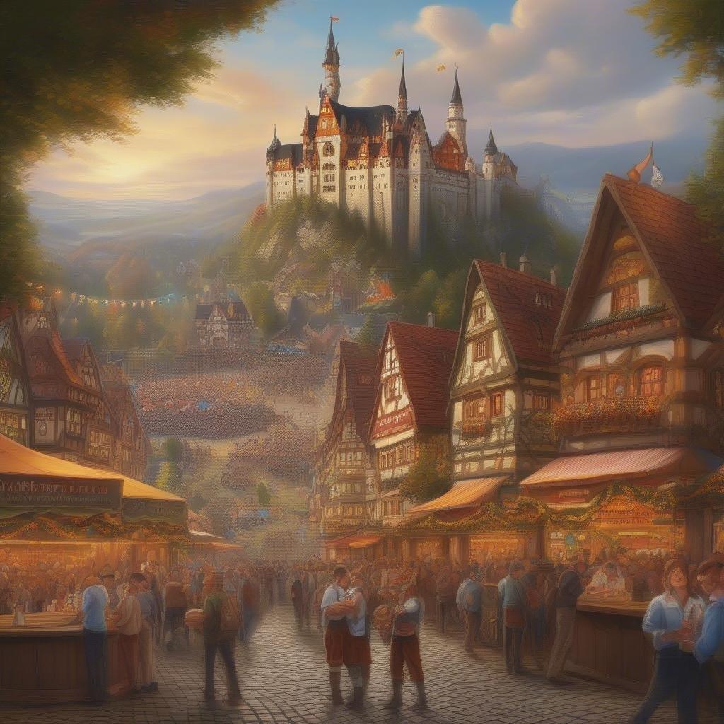 A bustling market in the heart of Germany during Oktoberfest, filled with tourists and locals alike enjoying the festival atmosphere.