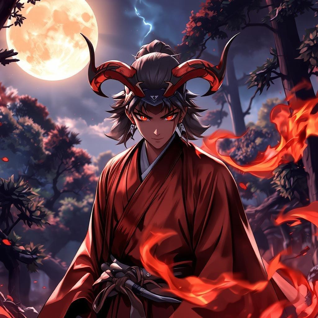 This captivating anime illustration features a young samurai standing in a moonlit forest, surrounded by the vibrant colors of the night sky. The bright moon and majestic red and orange horns create a sense of power and adventure.