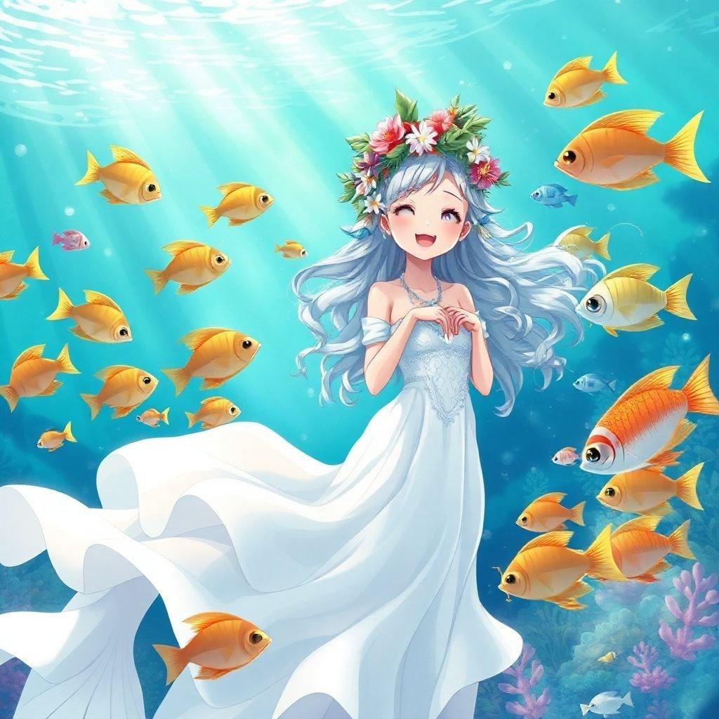 Questa illustrazione in stile anime rappresenta una serena scena sottomarina con una sirena circondata da un banco di pesci colorati. La sirena, vestita con un fluente abito bianco, indossa una corona di fiori e foglie, emanando una sensazione di gioia e meraviglia. I colori vivaci e le illustrazioni dettagliate danno vita alla scena, creando un'atmosfera affascinante e immaginativa.