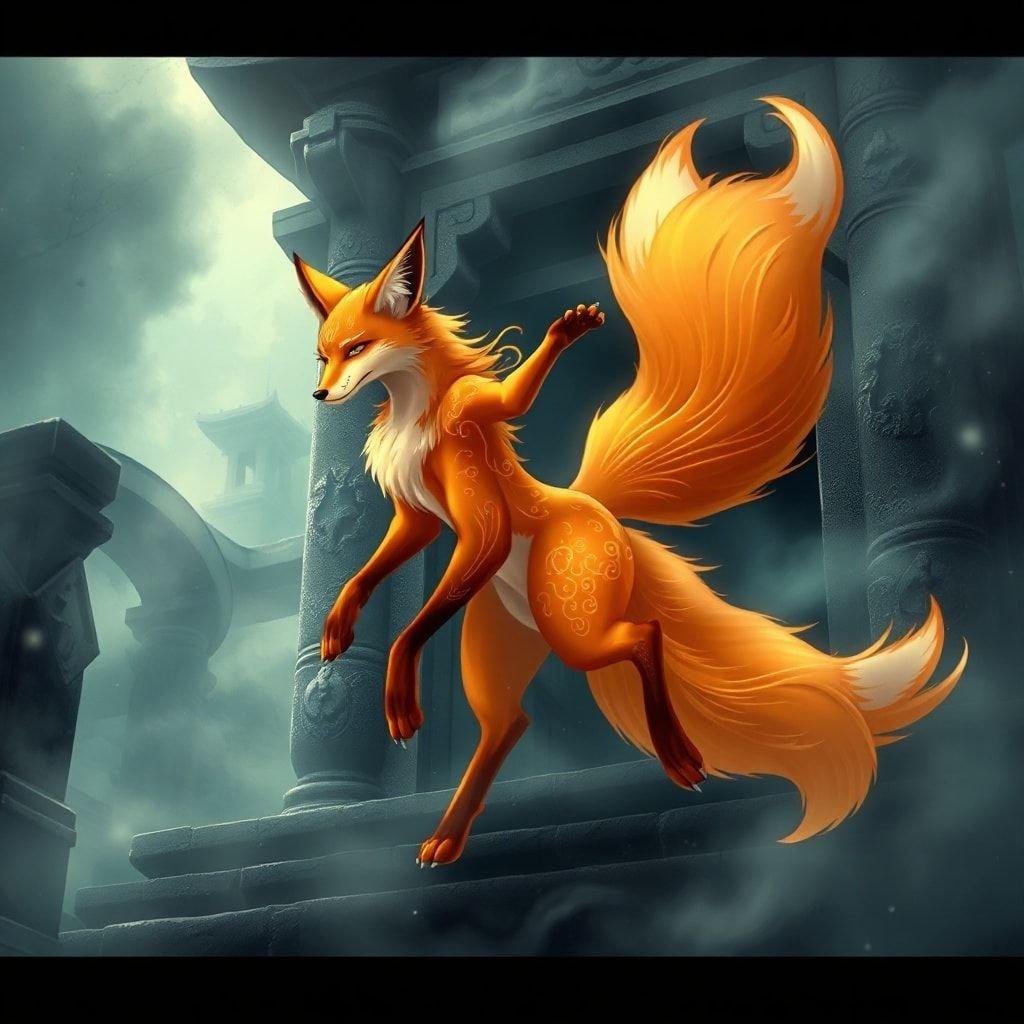 This captivating anime illustration showcases a fox spirit dancing in the mist of an ancient temple, exuding energy and motion.