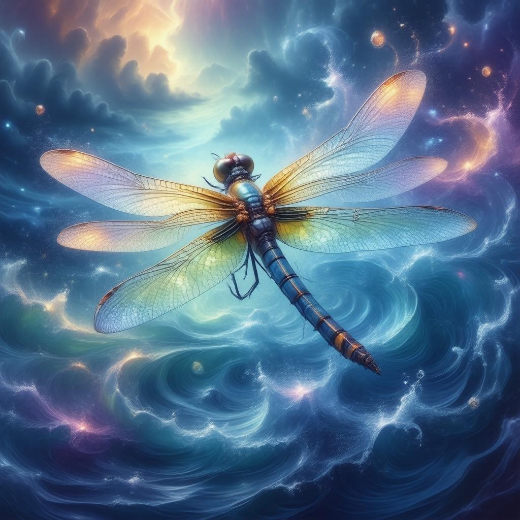 Immerse yourself in the serene beauty of this digital illustration, where a dragonfly dances amidst a swirling aurora borealis, its wings a vibrant kaleidoscope of colors.