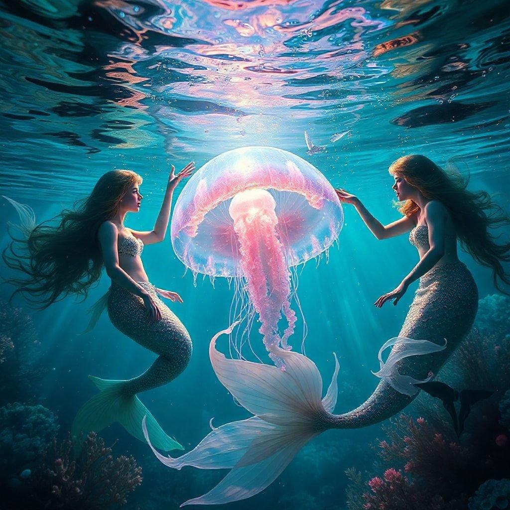 In the depths of the ocean, two mermaids engage with a majestic jellyfish, surrounded by the beauty of a coral reef.