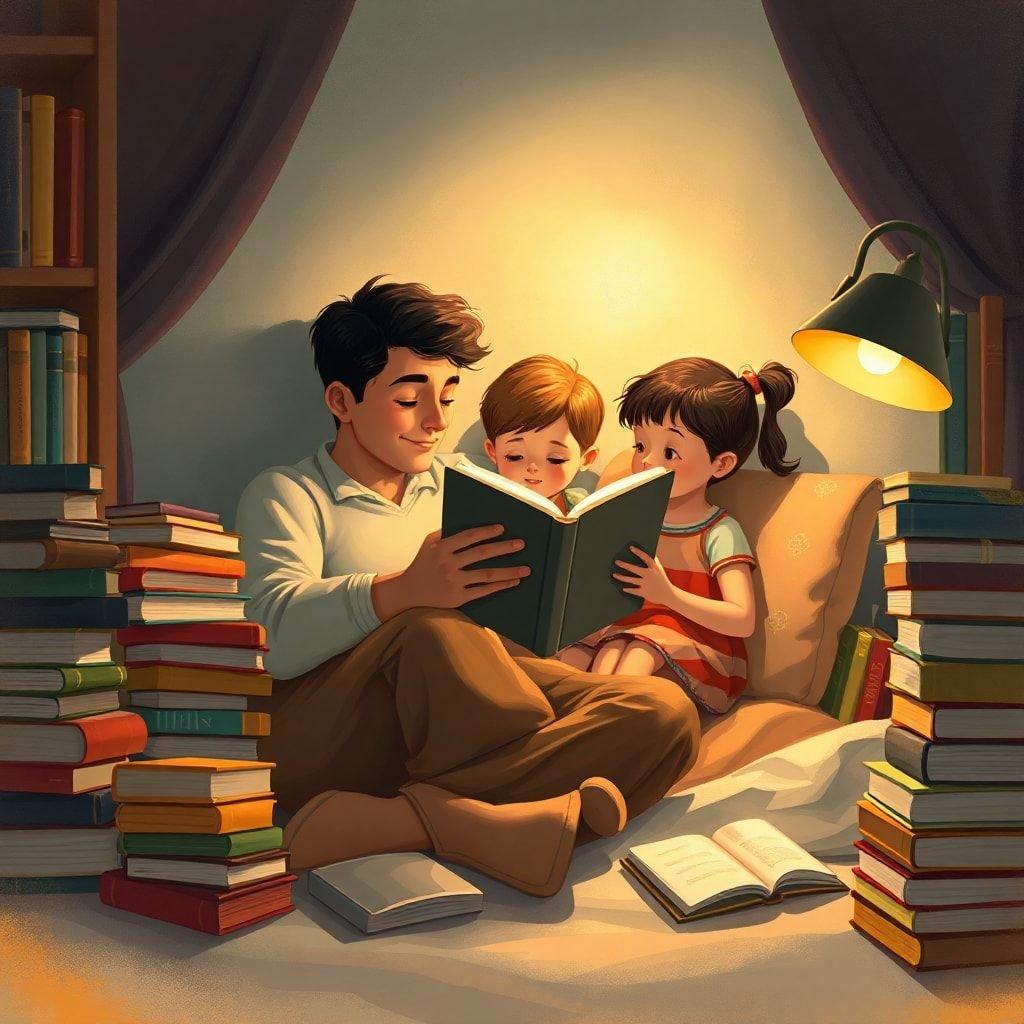 A heartwarming scene of a father and his children enjoying a reading session together, perfect for Father's Day.