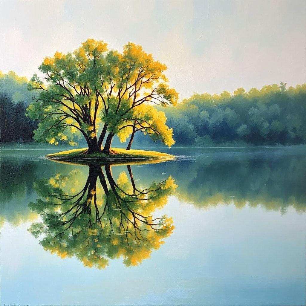 A tranquil landscape scene featuring a large tree with golden leaves reflected on still water. A picturesque view for any desktop or mobile background.