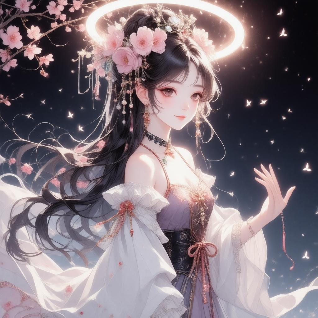 Cette illustration anime enchanteresse présente une princesse kitsune entourée d'un halo de lucioles et de fleurs de cerisier, dégageant élégance et mystère.