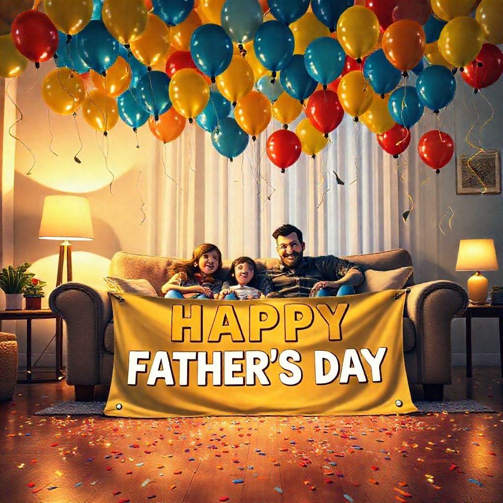 A family celebrates Father's Day with balloons and a festive banner.