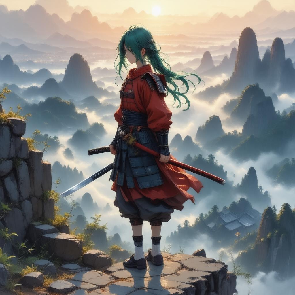 Tauchen Sie ein in die fesselnde Welt des Animes mit dieser atemberaubenden Illustration eines jungen Samurai-Mädchens, das am Rand einer Klippe steht, ihr lebhaftes grünes Haar kontrastiert mit der nebligen Stadtlandschaft darunter. Die Szene ist in warmes Licht getaucht, mit einem Gefühl von Tiefe und Perspektive, das eine animeähnliche Atmosphäre schafft.