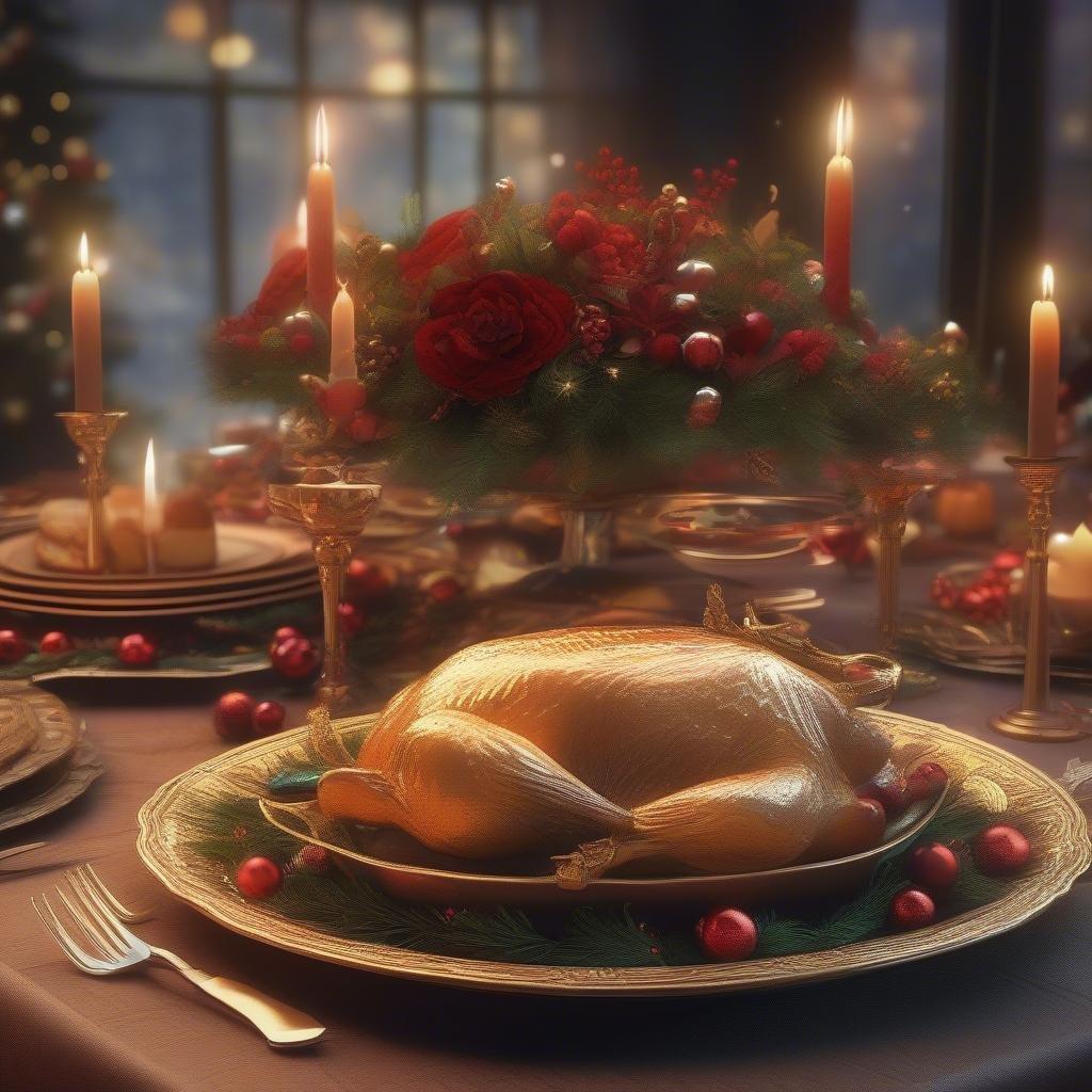 A festive Christmas dinner scene with a golden turkey as the centerpiece, surrounded by candles and decorations.